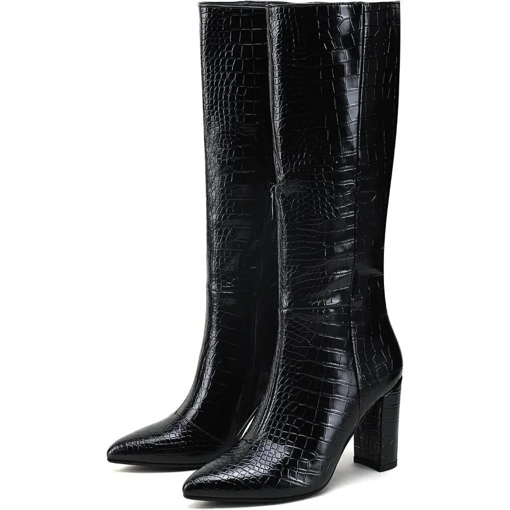Women's Black Tall Long Calf High Chunky Faux Crocodile Knee High Boots